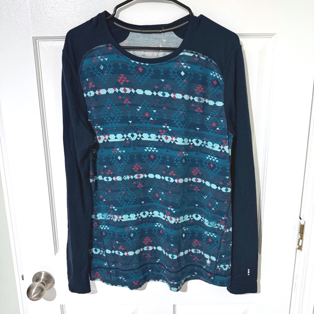 Smartwool Merino 250 Women XL Navy Teal Geometric Base Layer Long Sleeve Top